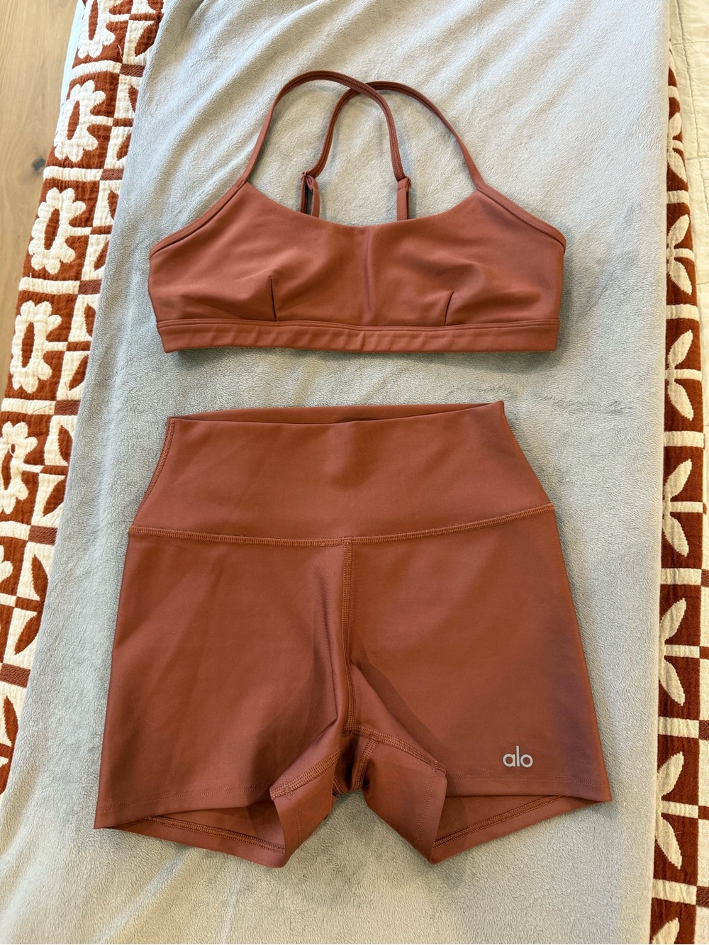 ALO Yoga Rusty Terracotta Shorts & Sports Bra Set - Warm Terra Cotta Tone Size S